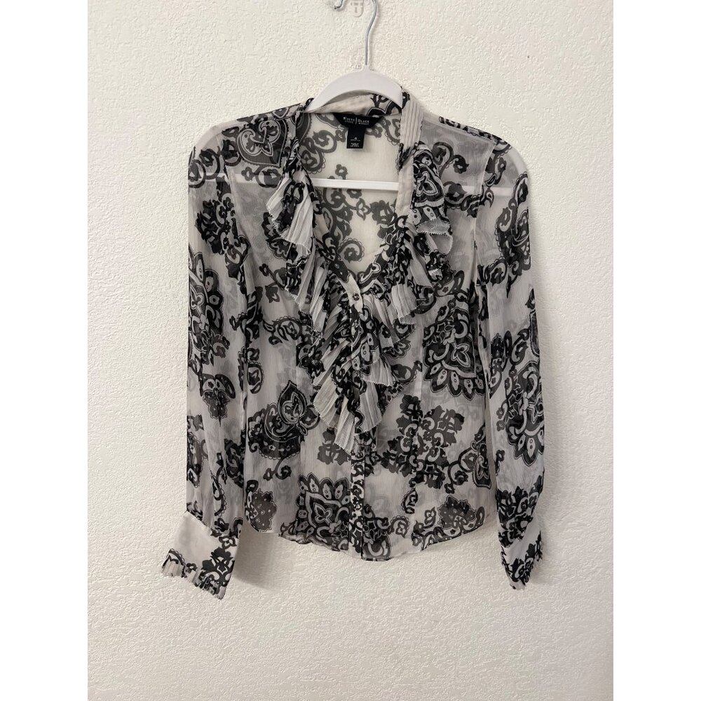 White House Black Market Womens Sheer Floral Ruffle Blouse Size 4